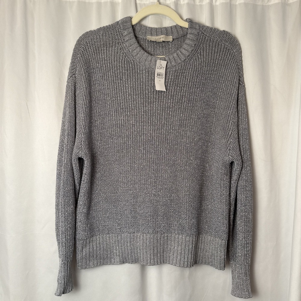 LOFT Womens Silver Shimmer Metallic Ribbed Nylon Cotton Knit Sweater Size M